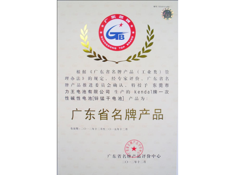 力王电池有限公司荣获广东省名牌产品
